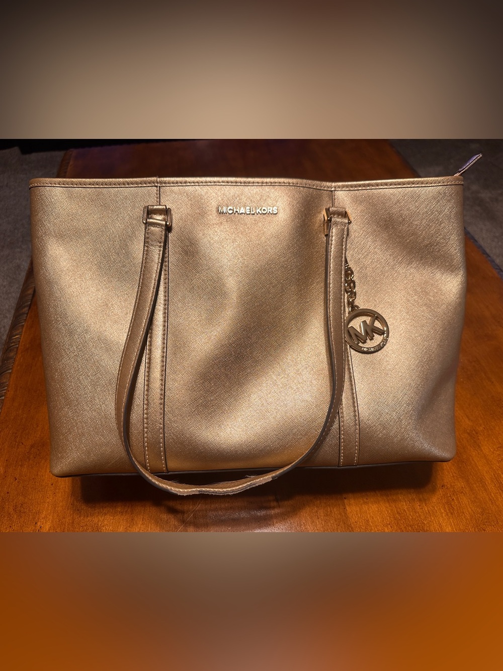 Michael Kors Shimmering Gold Saffiano Tote with MK Charm